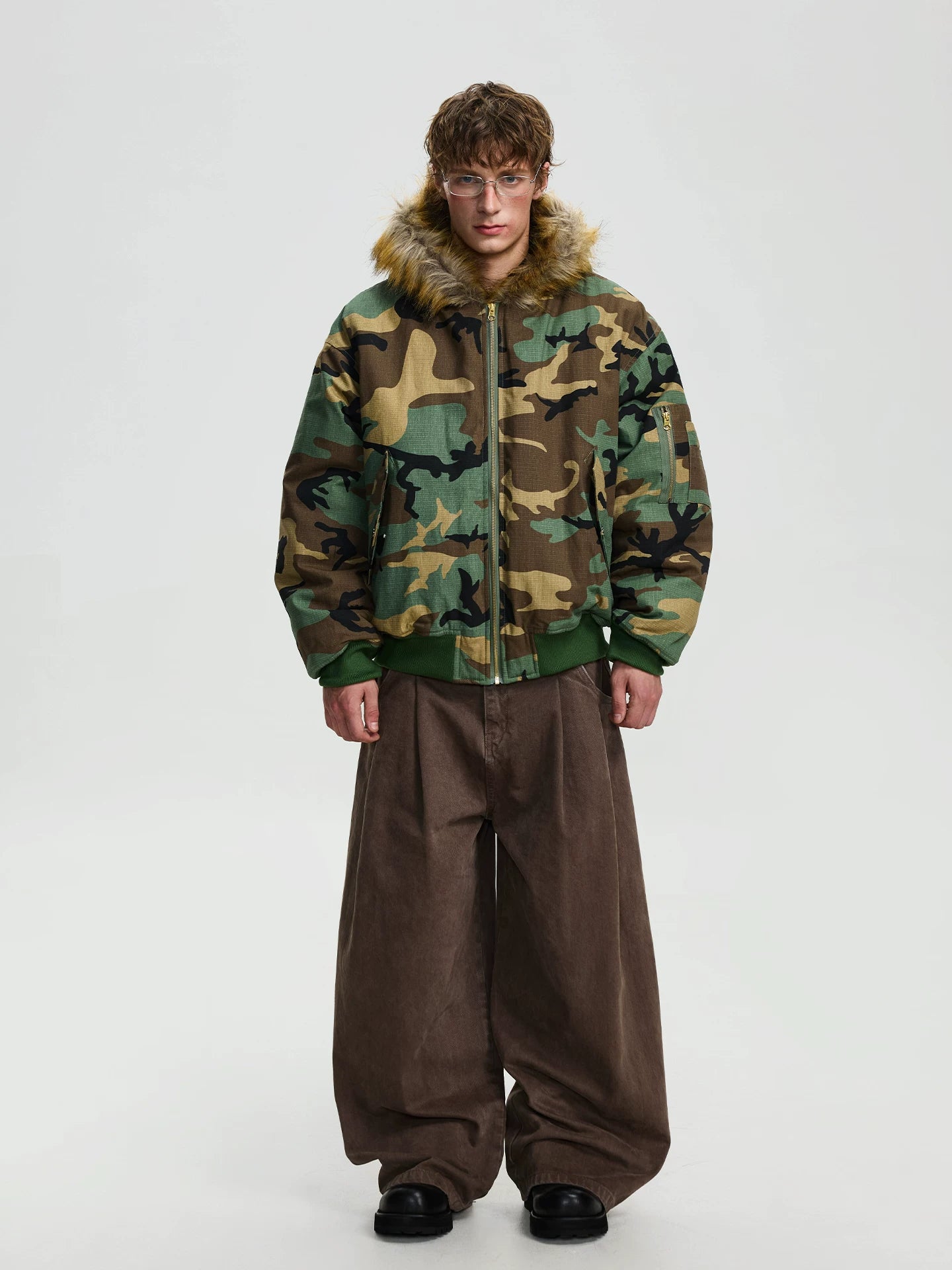 BTSG retro camouflage fur collar warm hooded jacket