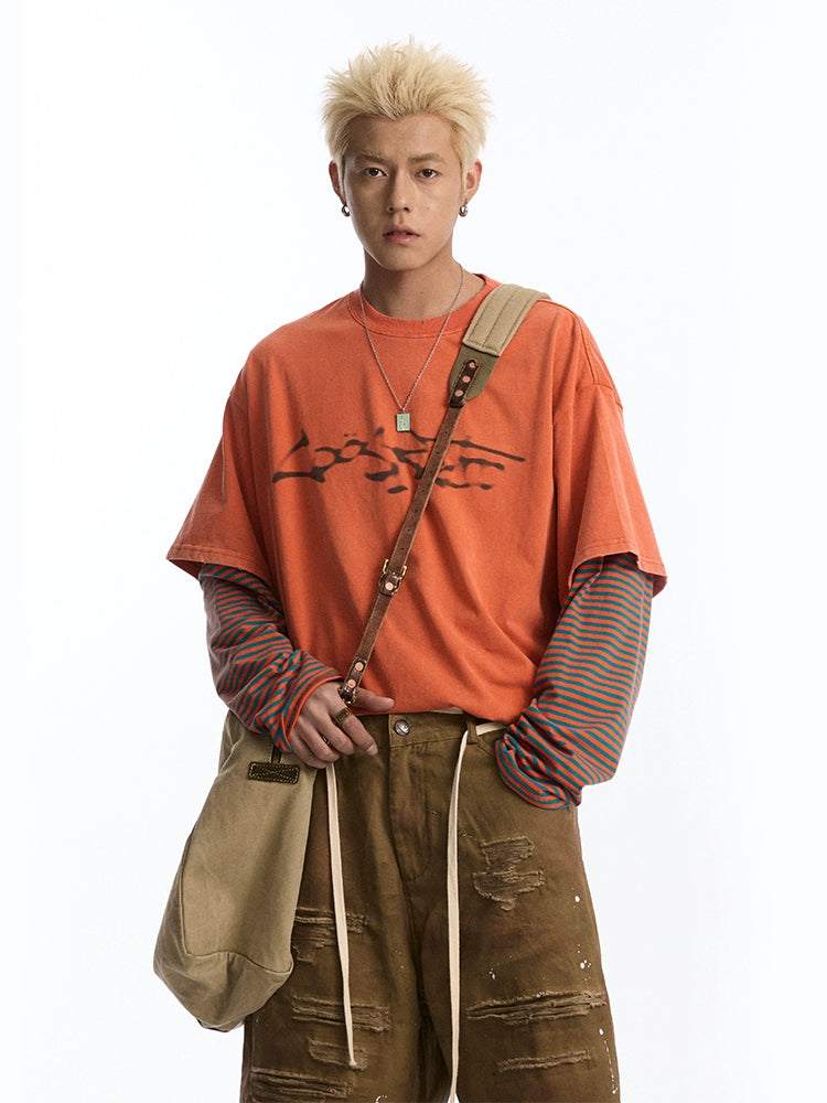 CoosRetro Phantom Print Washed Fake Two-piece Long Sleeve T