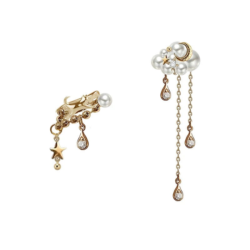 MASW Pearl Tassel Exquisite Star and Moon Cat Earrings