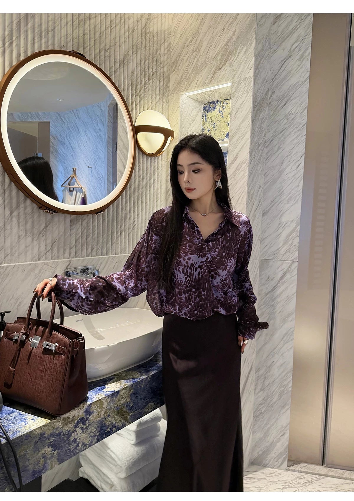 CHUYUQI Waist Leopard Print Long-sleeved Shirt