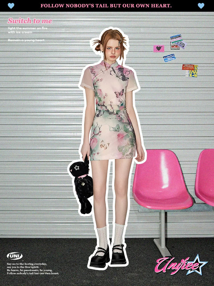 UNIFREE Mesh Stand-up Collar Slim Cheongsam Hip-wrapped Skirt