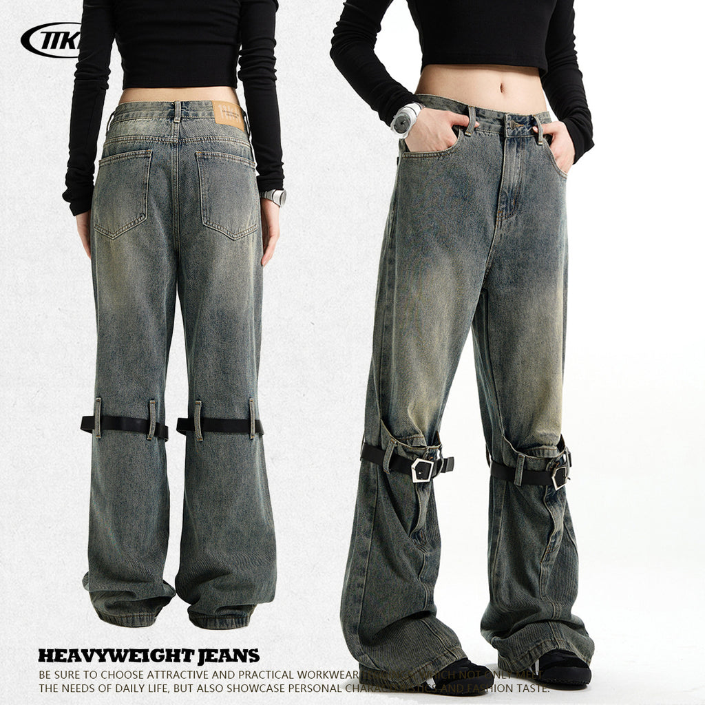 11KN Retro Jeans Stitching Flared Loose Wide-leg Jeans