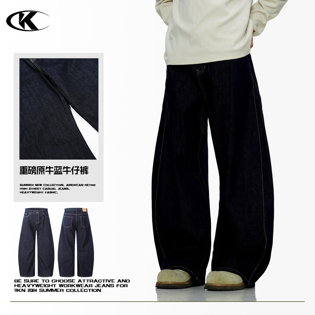 11KN Deconstructed Blue Scimitar Straight Loose Wide-leg Cleanfit Jeans