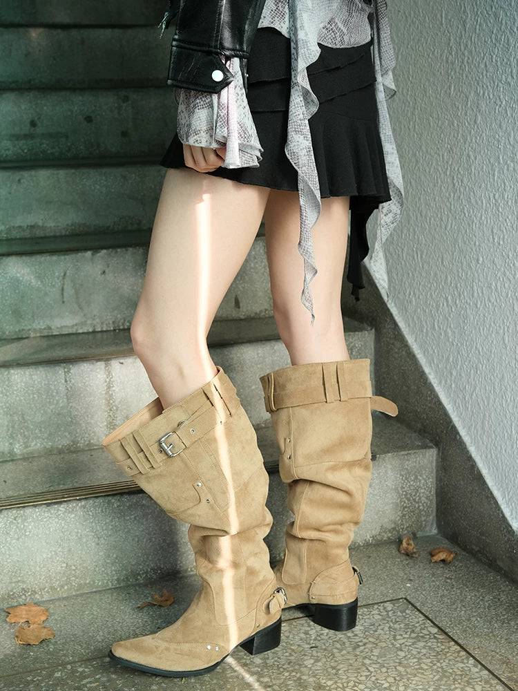 Mooreyu Suede Pointed Thick Heel Skinny Pleated Pile Boots