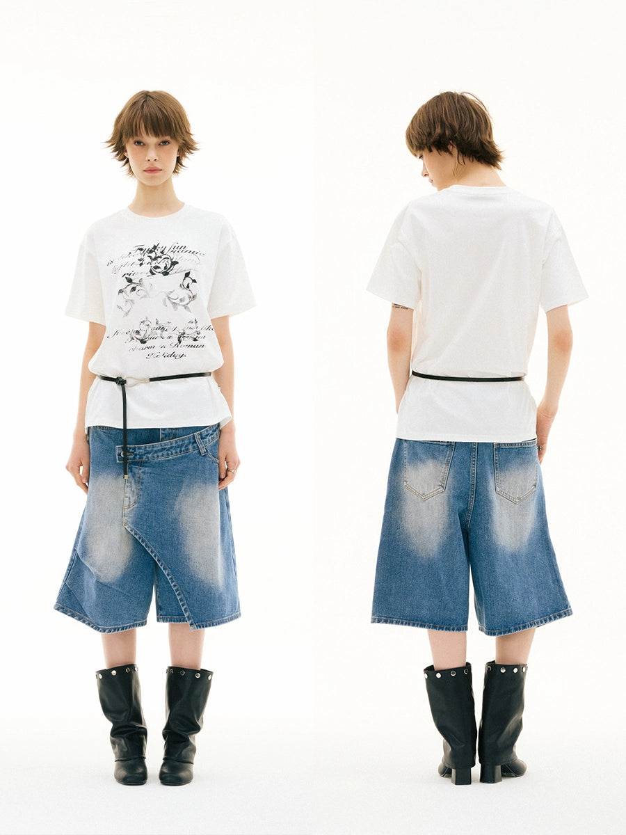 FUNKYFUN Old Mottled Flower Slogan Printed Tee