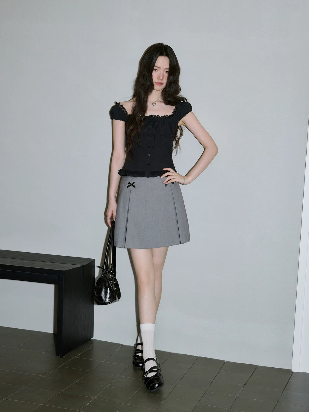 XUJING Bow-tie Slim Pleated Skirt