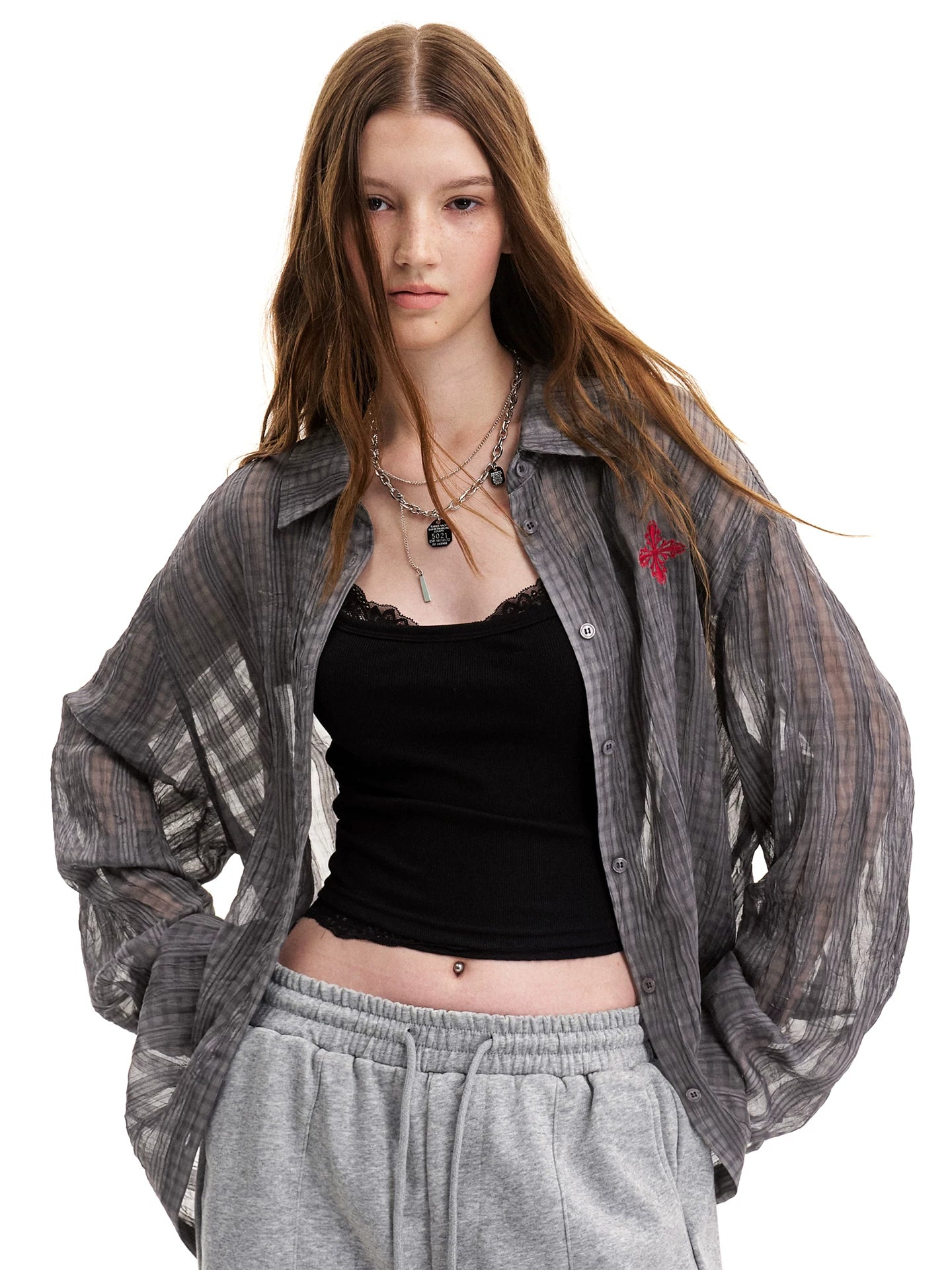0123Start Plaid Embroidery Slightly Wrinkled Thin Shirt Jacket