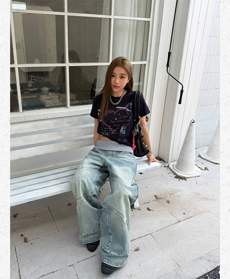 CCYE Fake Two-piece Spliced Waist Wide-leg Jeans