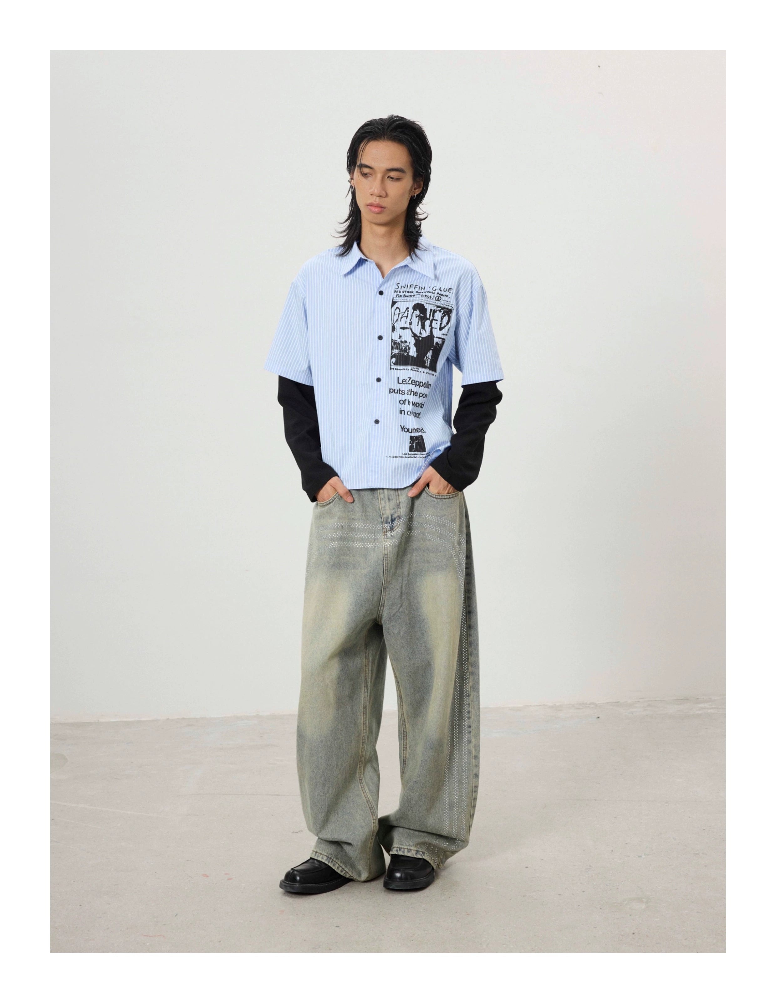 BTSG Vintage Graffiti Fake Two Piece Design Long Sleeve Shirt Jacket