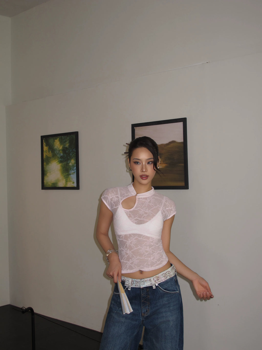 Audwyn Jacquard Hollow Slim Lace Waist Tee