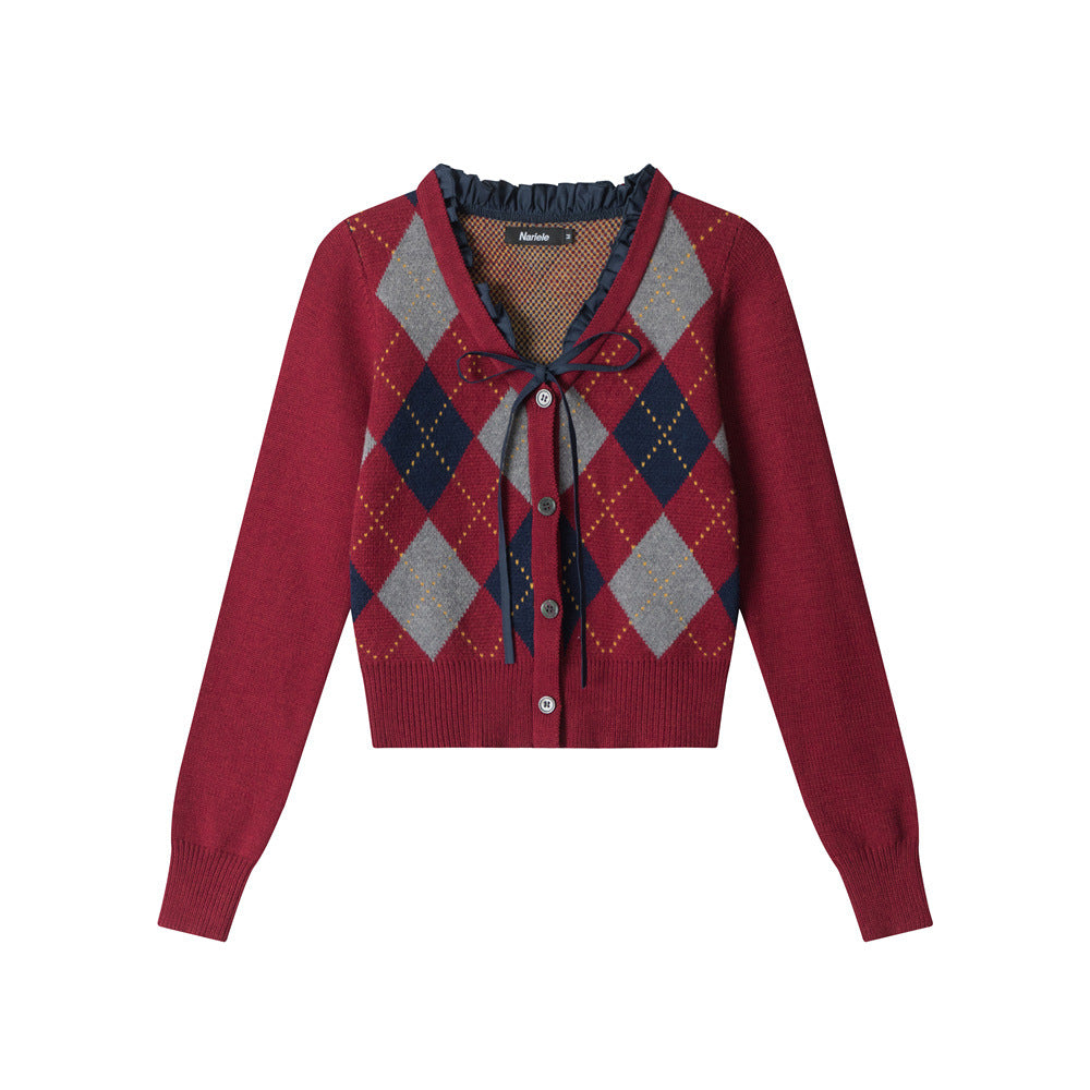 Nariele Rhombus Short Cardigan V-neck Sweater