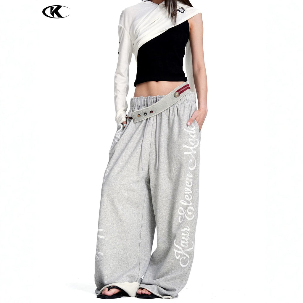 11KN Vintage Alphabet Print Casual Wide Leg Pants