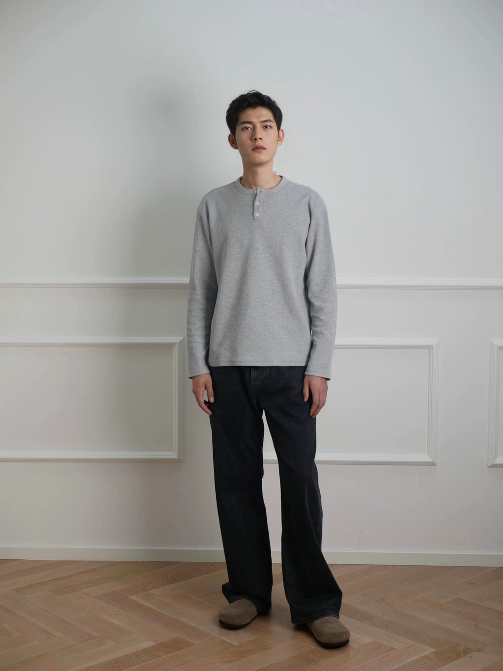 NO LOGO Waffle Henry Collar Slim Bottom Long Sleeve