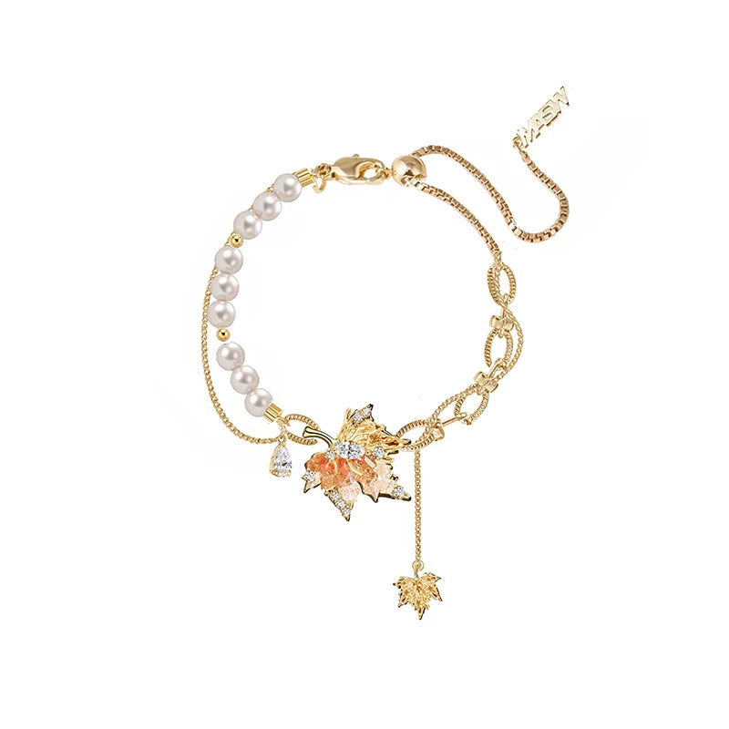 MASW Splicing Pearl Sunset Orange Maple Leaf Bracelet