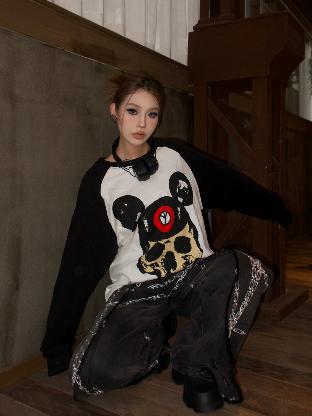 Human Voices Heavy Skull Print Black and White Shoulder Long Sleeve Tee