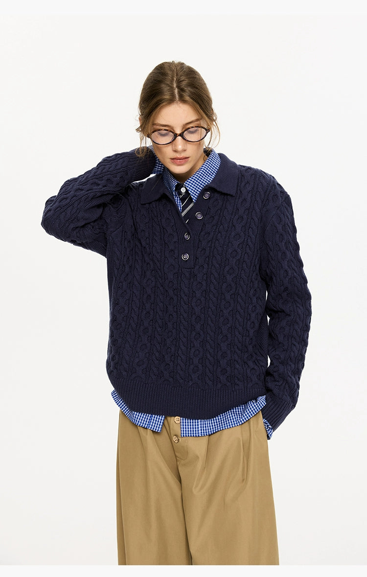 KREATE Twist Lapel Three-dimensional Twisted Polo Sweater