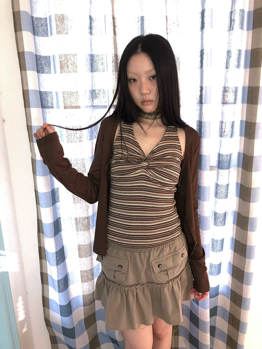 Ang: Project Striped Strap Neck Vest Long Sleeve Two-piece Set