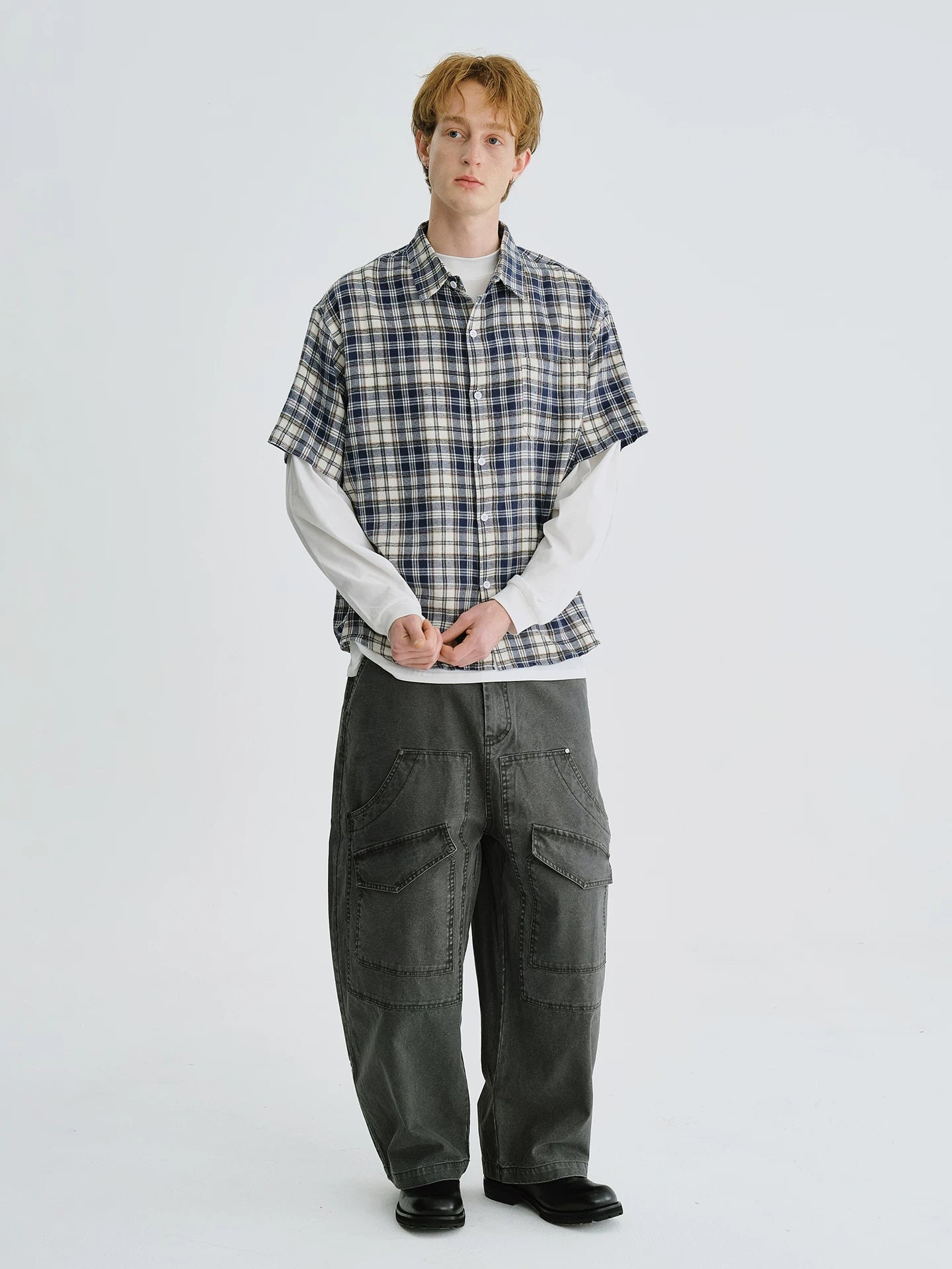 LIVINGTOWN Simple and Versatile Color-blocked Plaid Short-sleeve Shirt