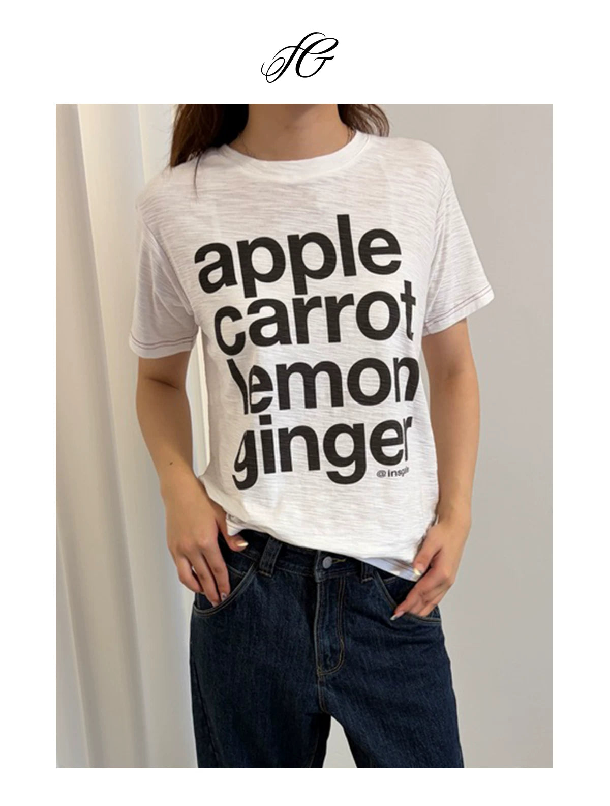 InsGale Bamboo Pattern Bright Line Letter Print Casual Tee