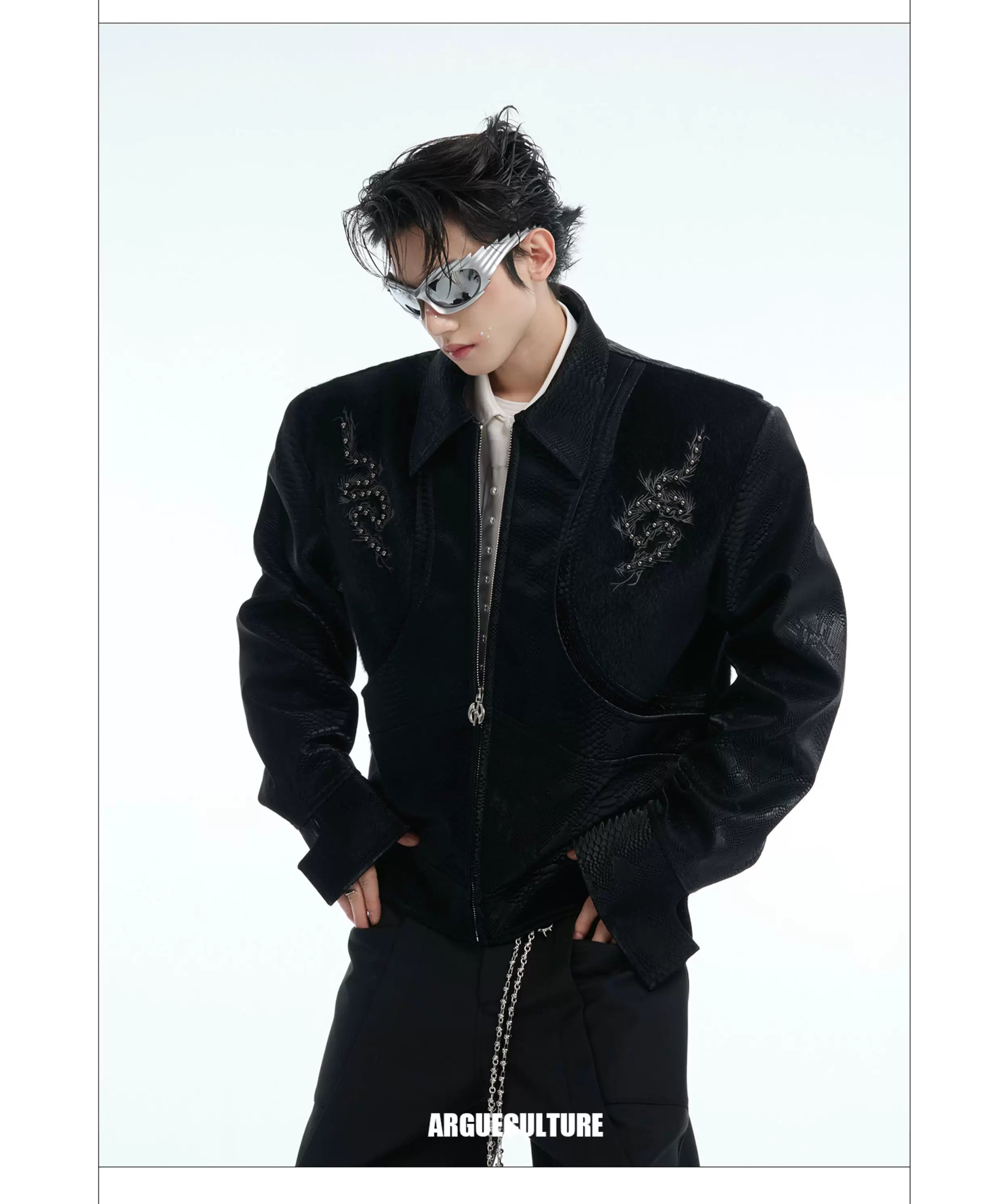 ArguECulturE Snakeskin Stitching Embroidered Slim-fit Leather Jacket