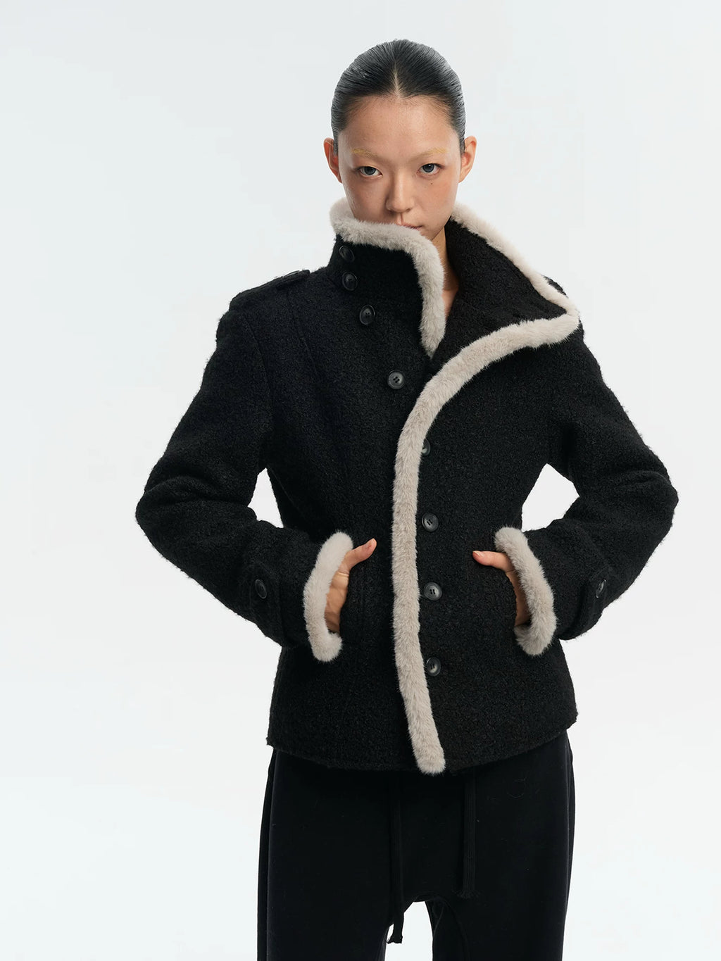 LINY LIBERTY Contrasting Top Stitching Stand-up Collar Woolen Jacket