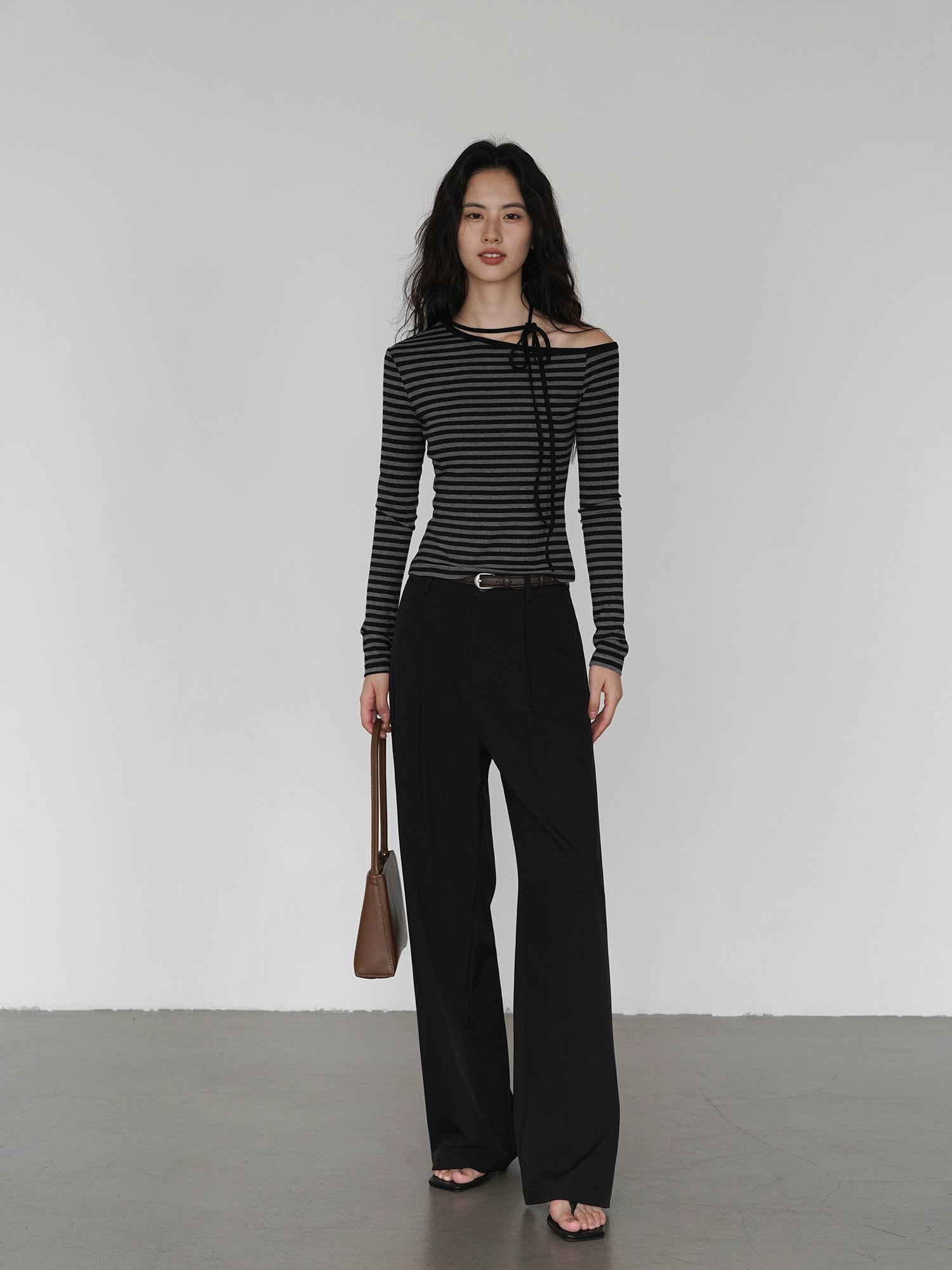 EIGHTHMONTH Striped Off-the-shoulder Strap Korean Long Sleeve