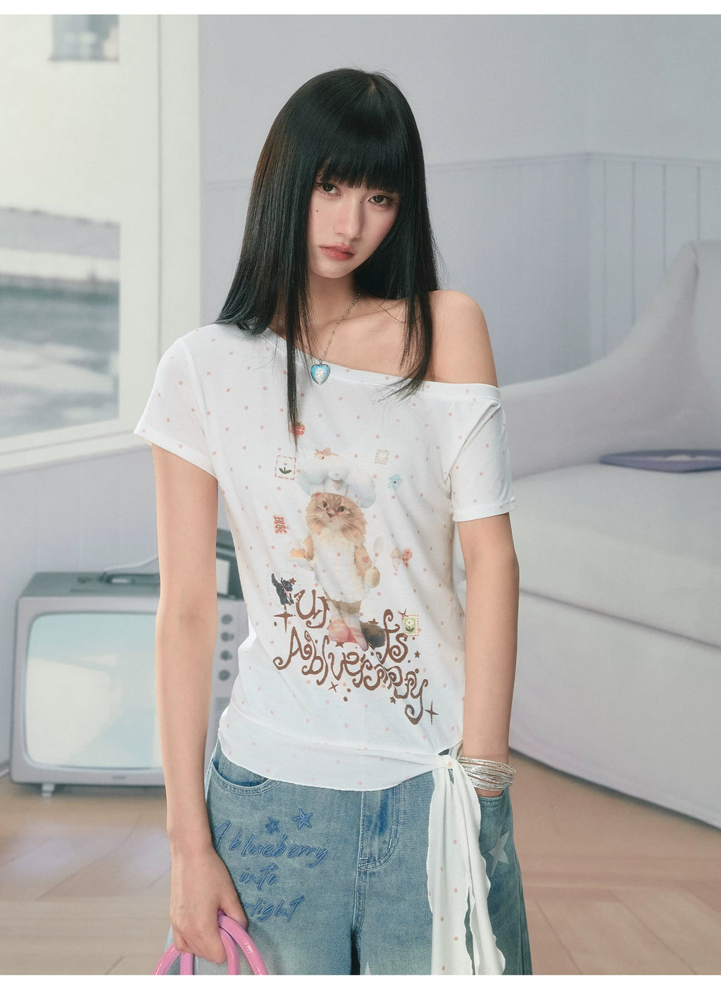 Ablueberry Cat Polka Dot Slanted Shoulder Tee
