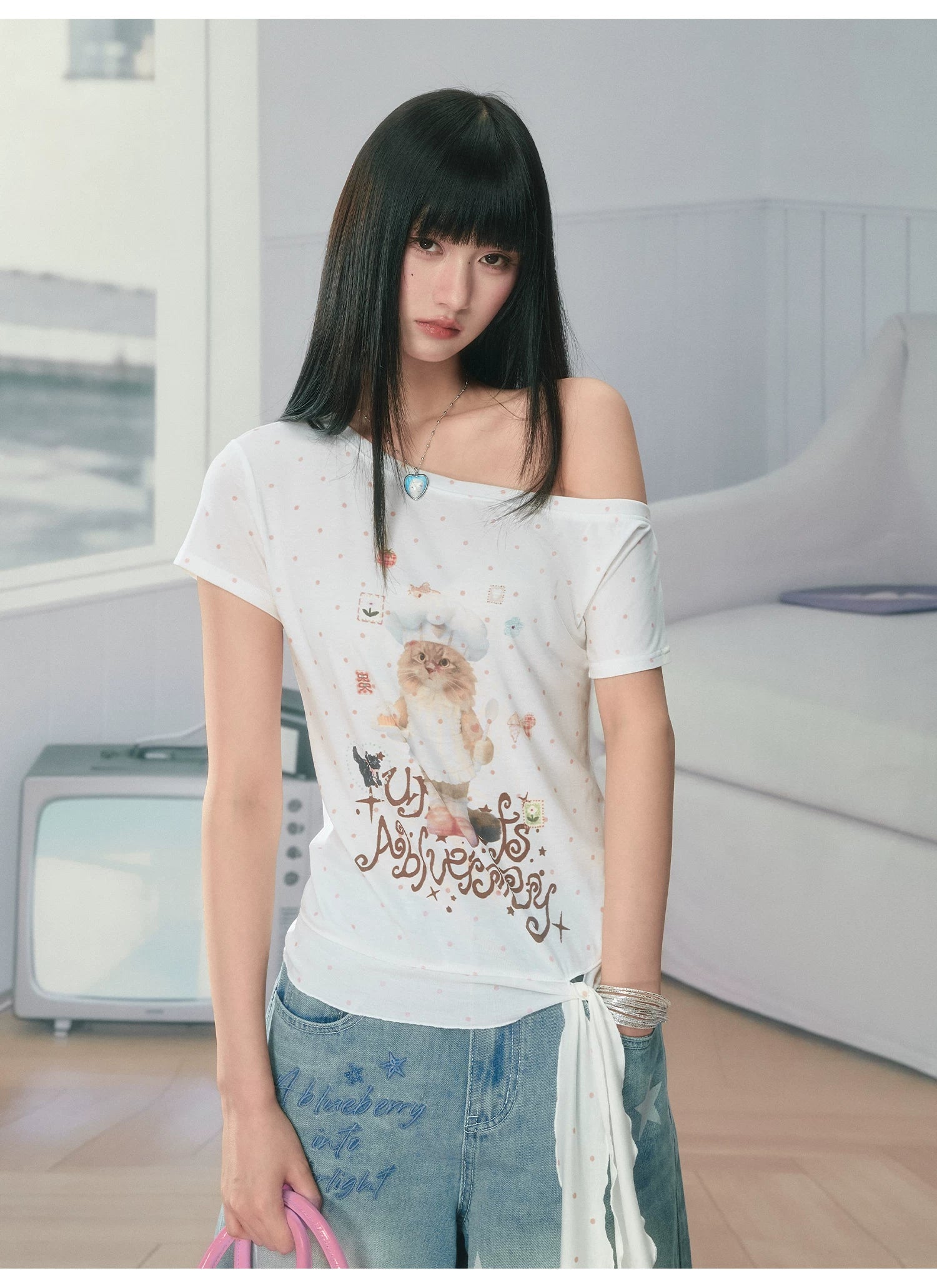 Ablueberry Cat Polka Dot Slanted Shoulder Tee