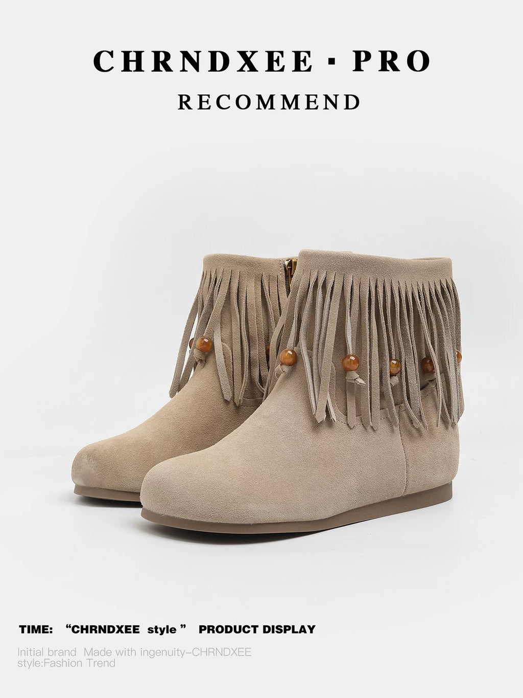CHRNDXEE Frosted Suede Side Zipper Fringed Flat Boots