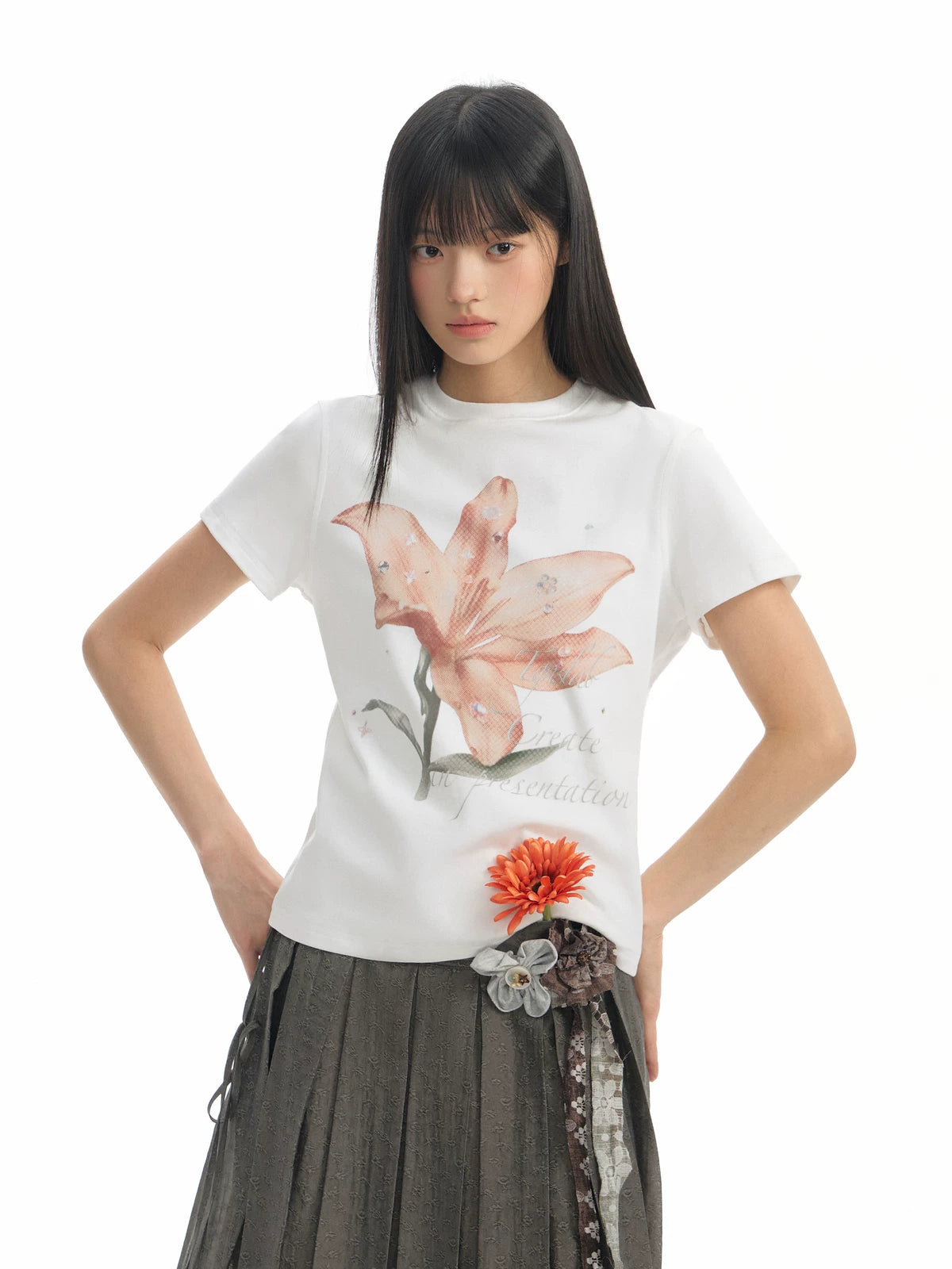 TGNS Lily Print Casual Slim Shoulder Tee