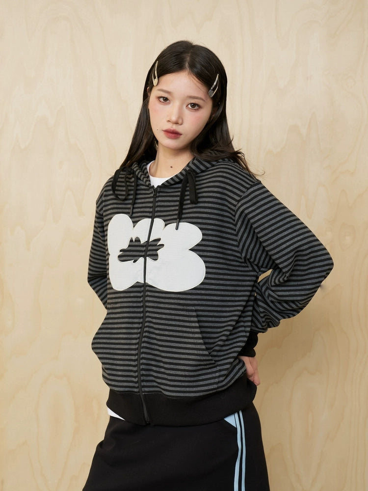 MoodLikeMe Striped Flower Patch Embroidered Hooded Sweater