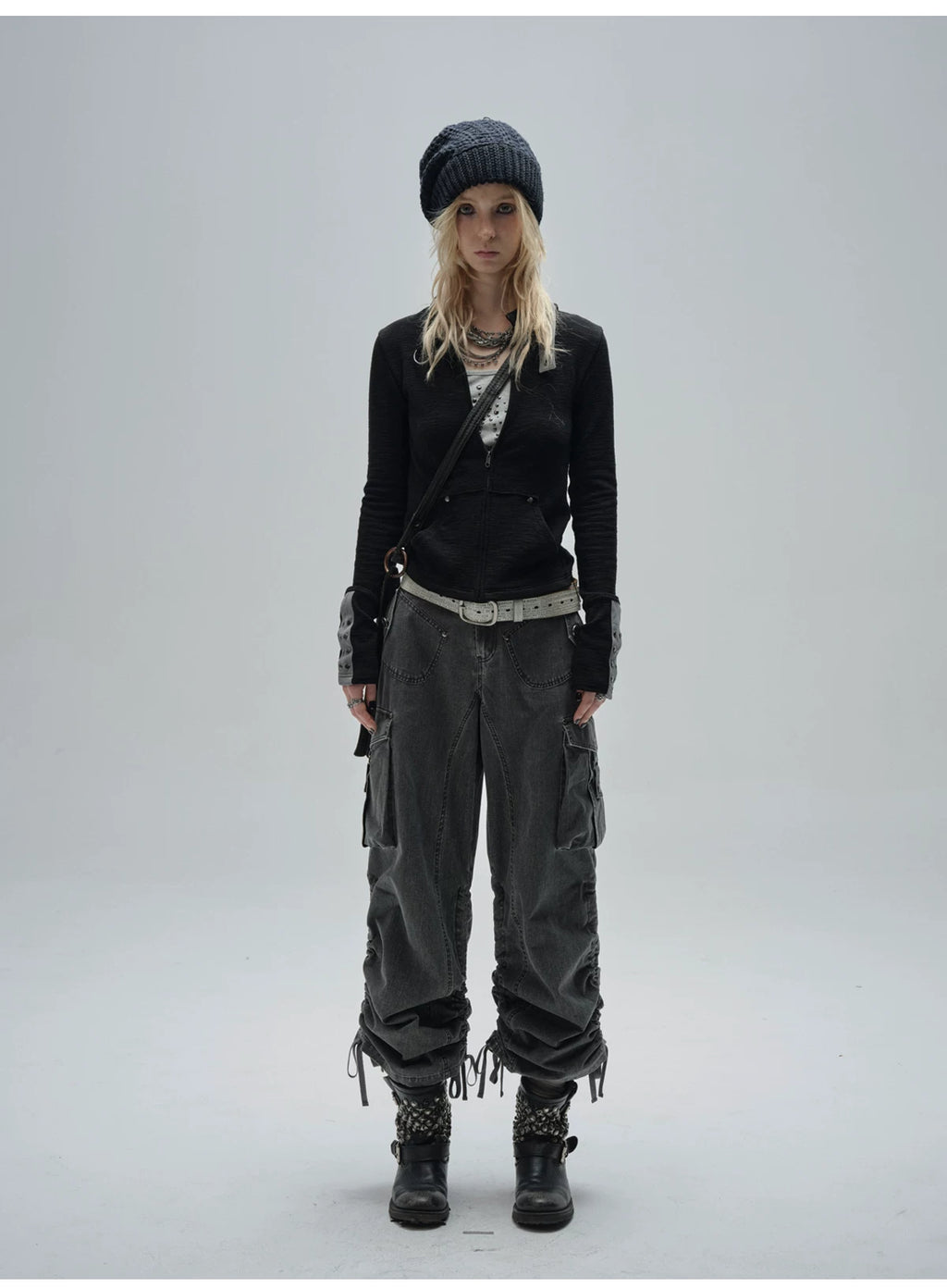 WearAndtear Stitching Rivet Neckline Slim Stand-up Collar Jacket