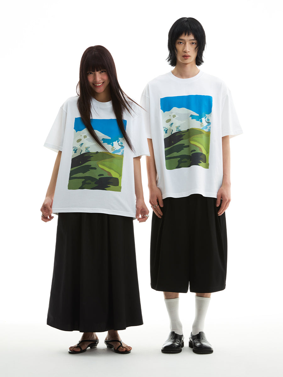 FUNKYFUN Hand-painted Oil Painting Sense Printing Loose TEE