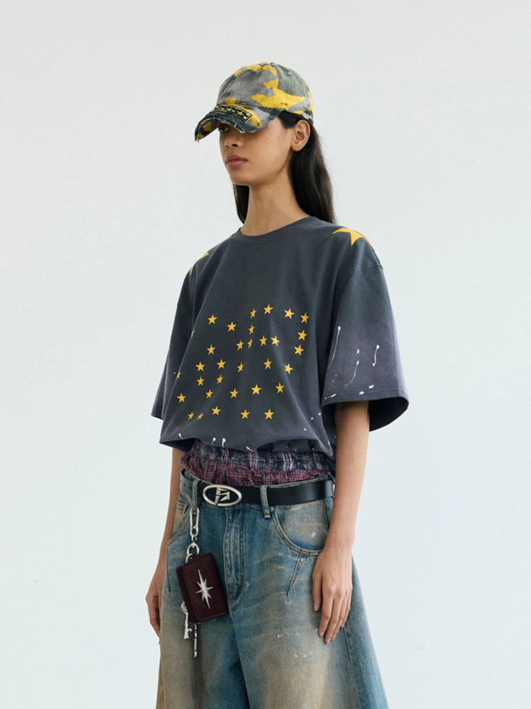 PEOPLESENSE Retro Spray Horse Willow Splashing Ink Printing Gradual Change Washed Tee