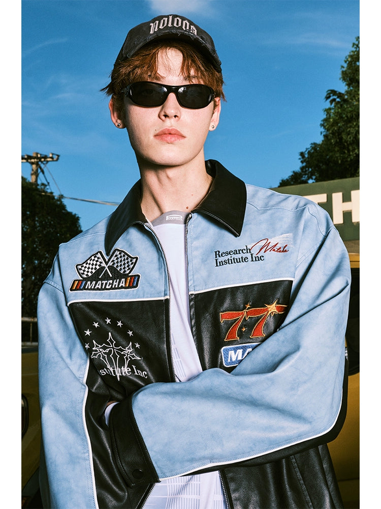 MATCHA STORY Locomotive Wind Embroidered Pu Leather Jacket