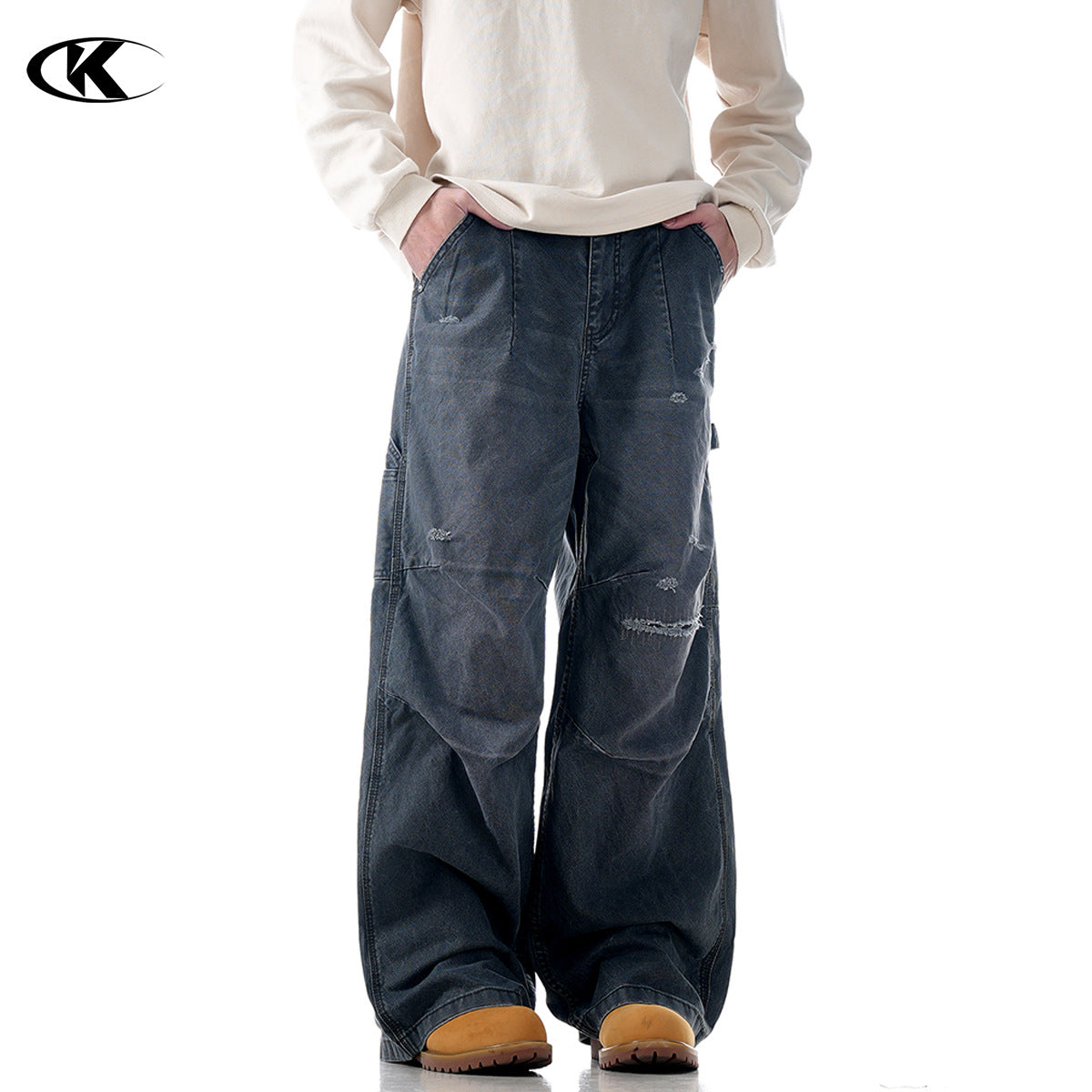 11KN washed old cut loose wide leg drape pants