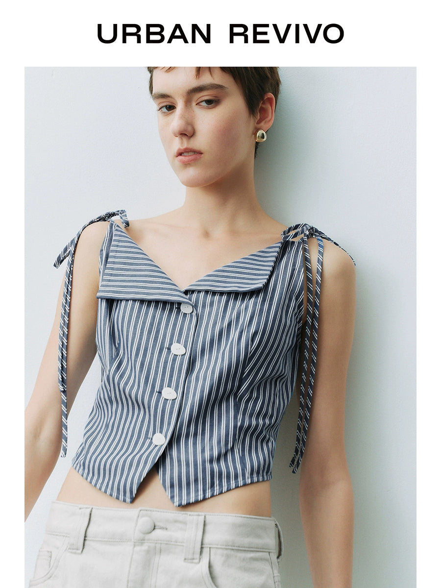 URBAN REVIVO Contrast Striped Lace-Up Sleeveless Open Shirt