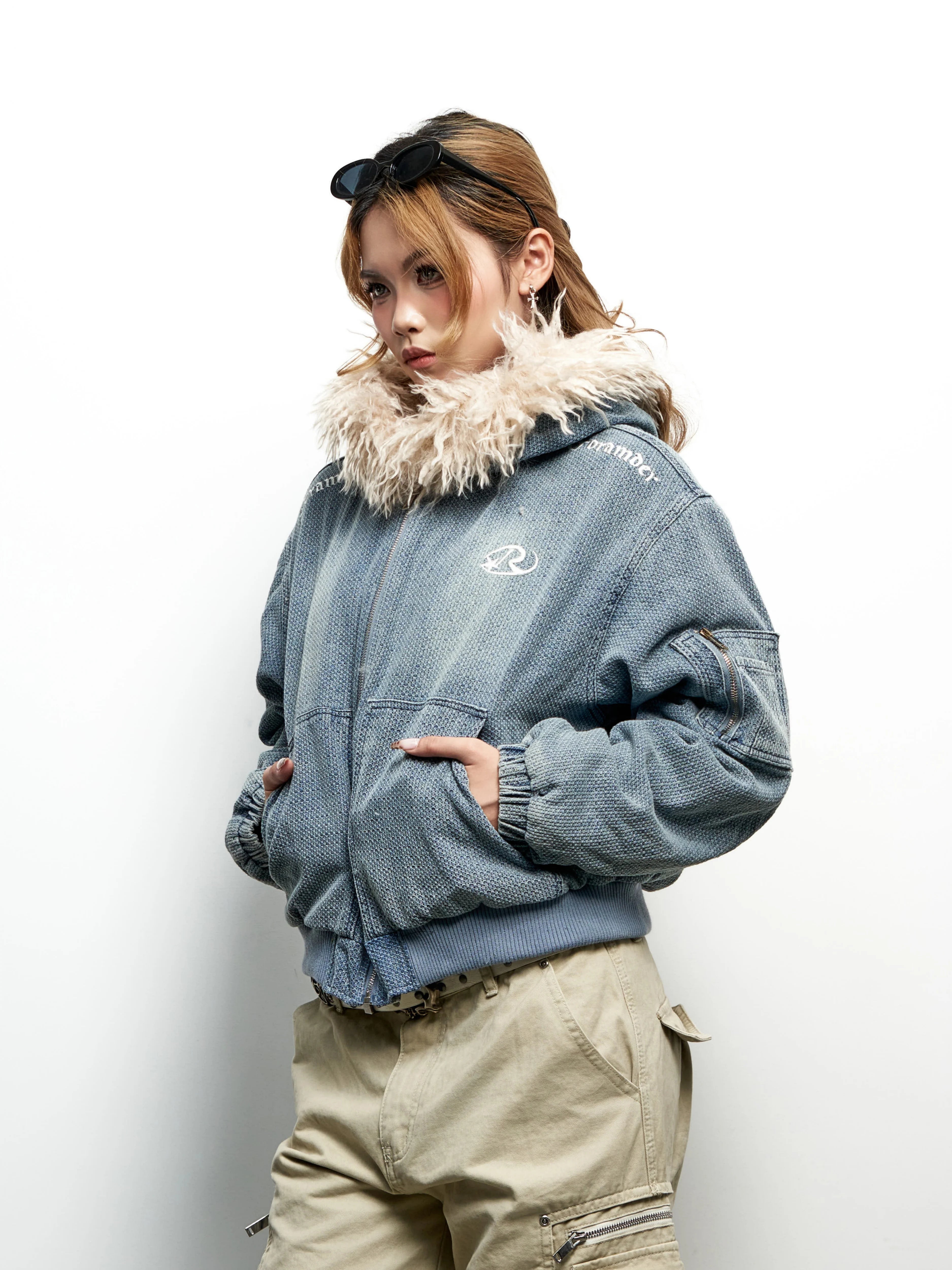 Saimt Retro Faux Fur Collar Hooded Denim Cropped Padded Jacket