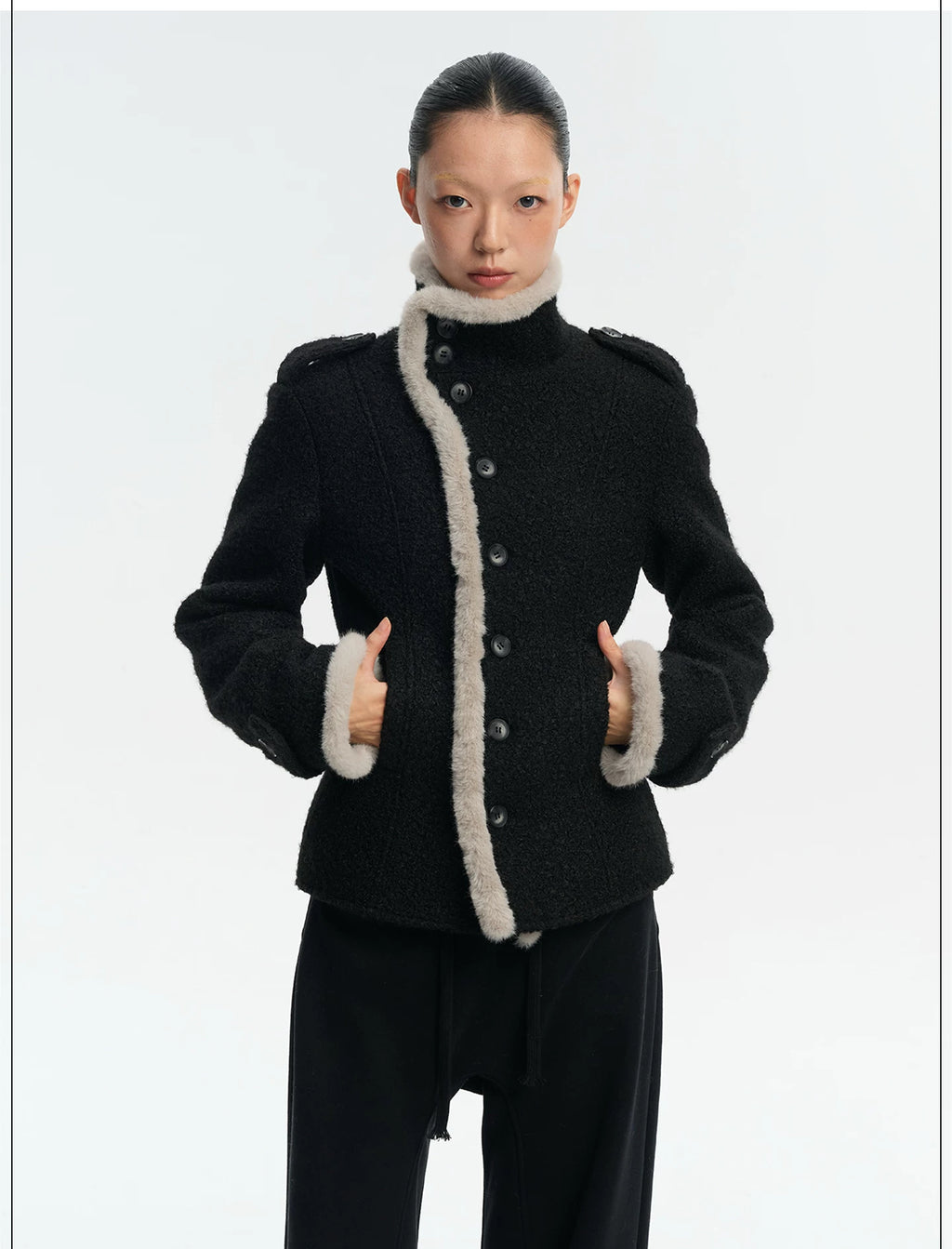 LINY LIBERTY Contrasting Top Stitching Stand-up Collar Woolen Jacket