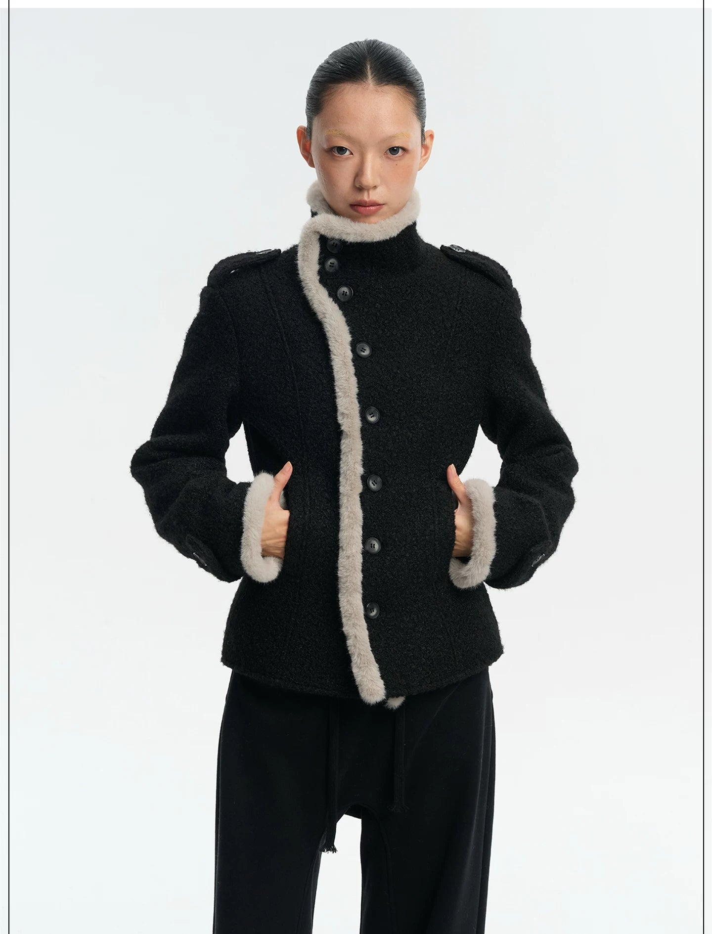 LINY LIBERTY Contrasting Top Stitching Stand-up Collar Woolen Jacket