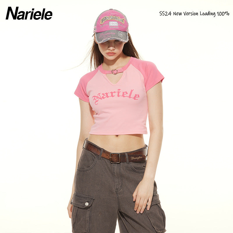 Nariele Hollow Letter Print Contrasting Tee