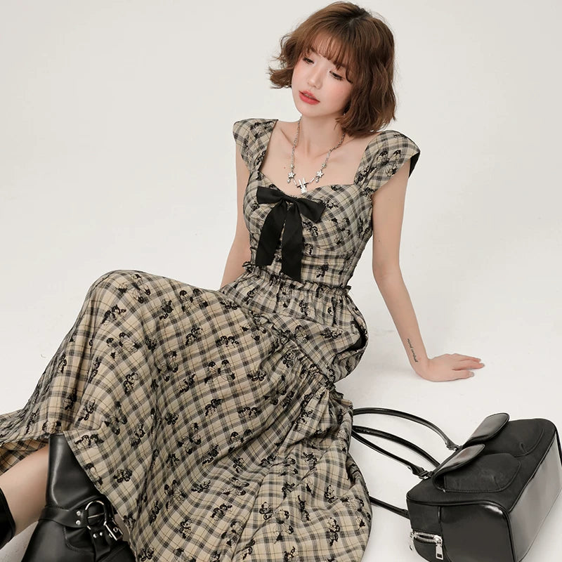 Girlyhalo Vintage Plaid Bow Dress