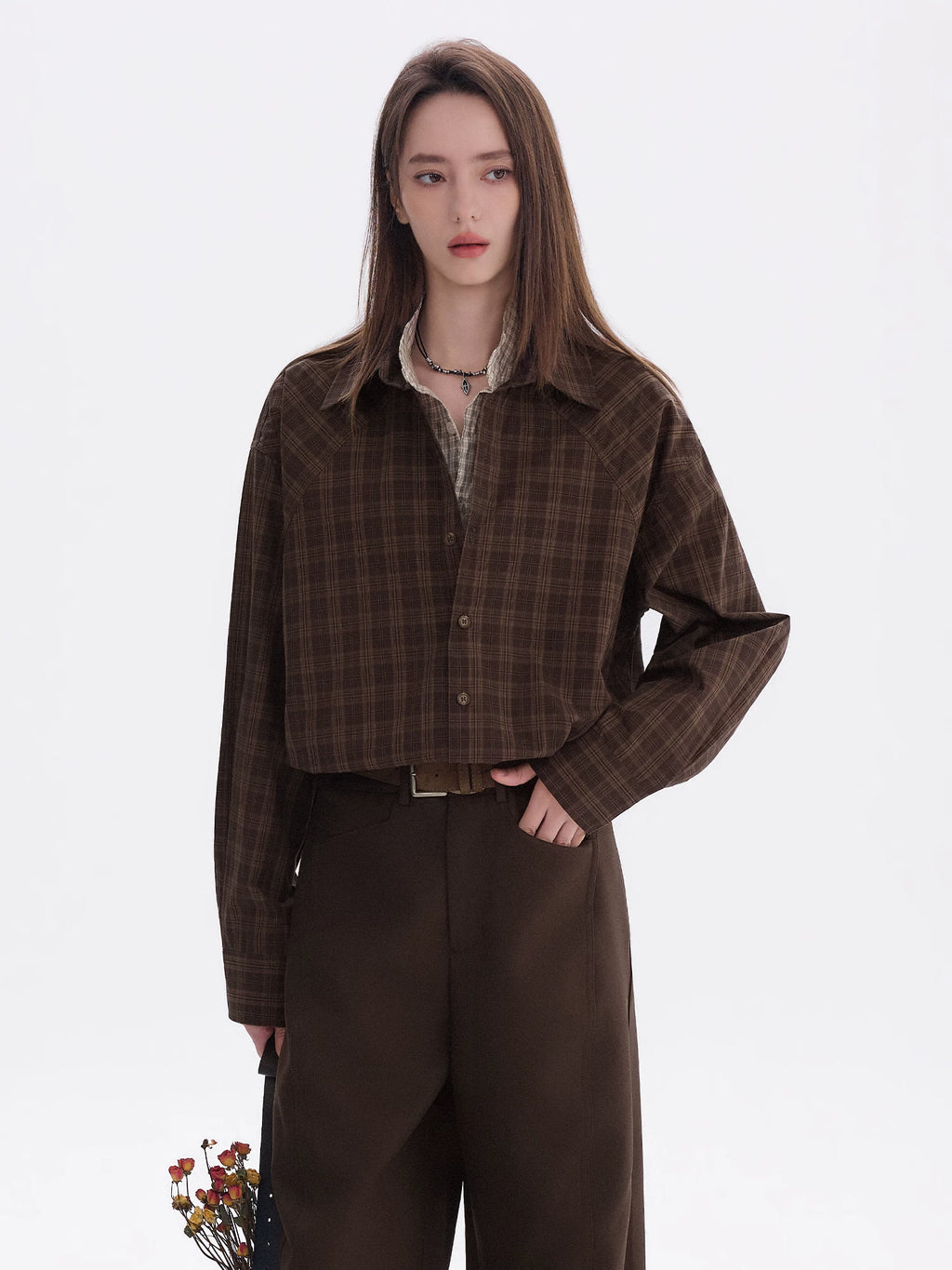 CHOR Vintage Fake Two-piece Casual Long-Sleeve Checked Shirt