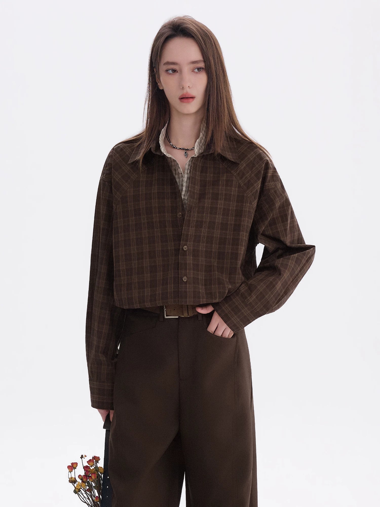 CHOR Vintage Fake Two-piece Casual Long-Sleeve Checked Shirt