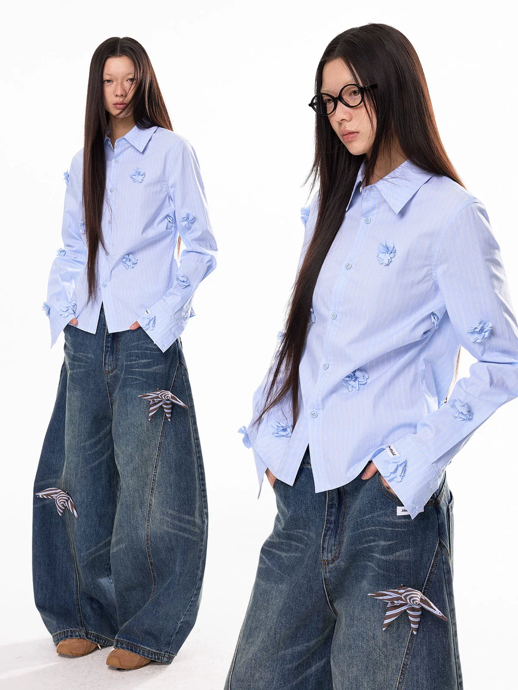 Jikoo Star Patch Straight Wide Leg Tooling Jeans