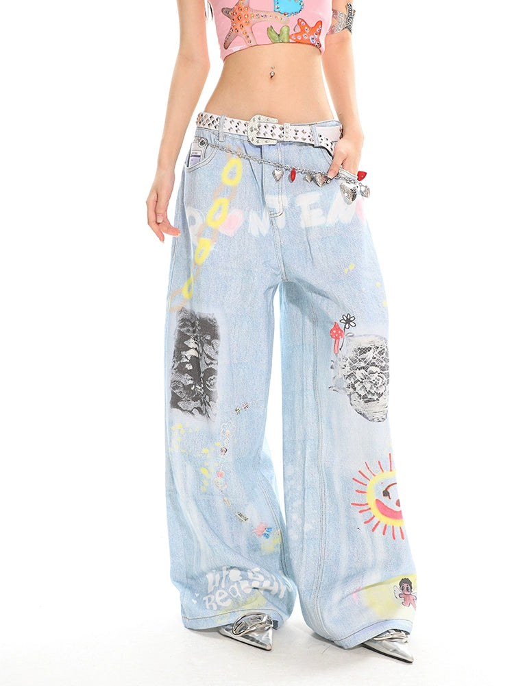 UNCMHISEX Graffiti Wide-leg Jeans