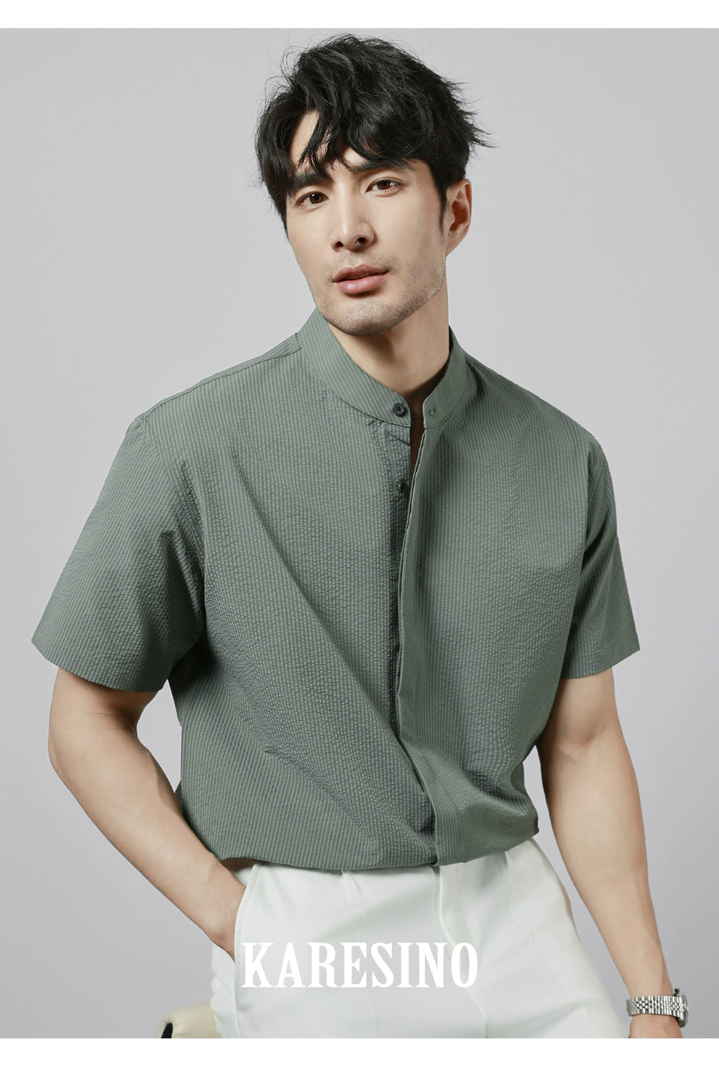 KARESINO Stand-up Collar Casual No-iron Striped Short-sleeved Shirt