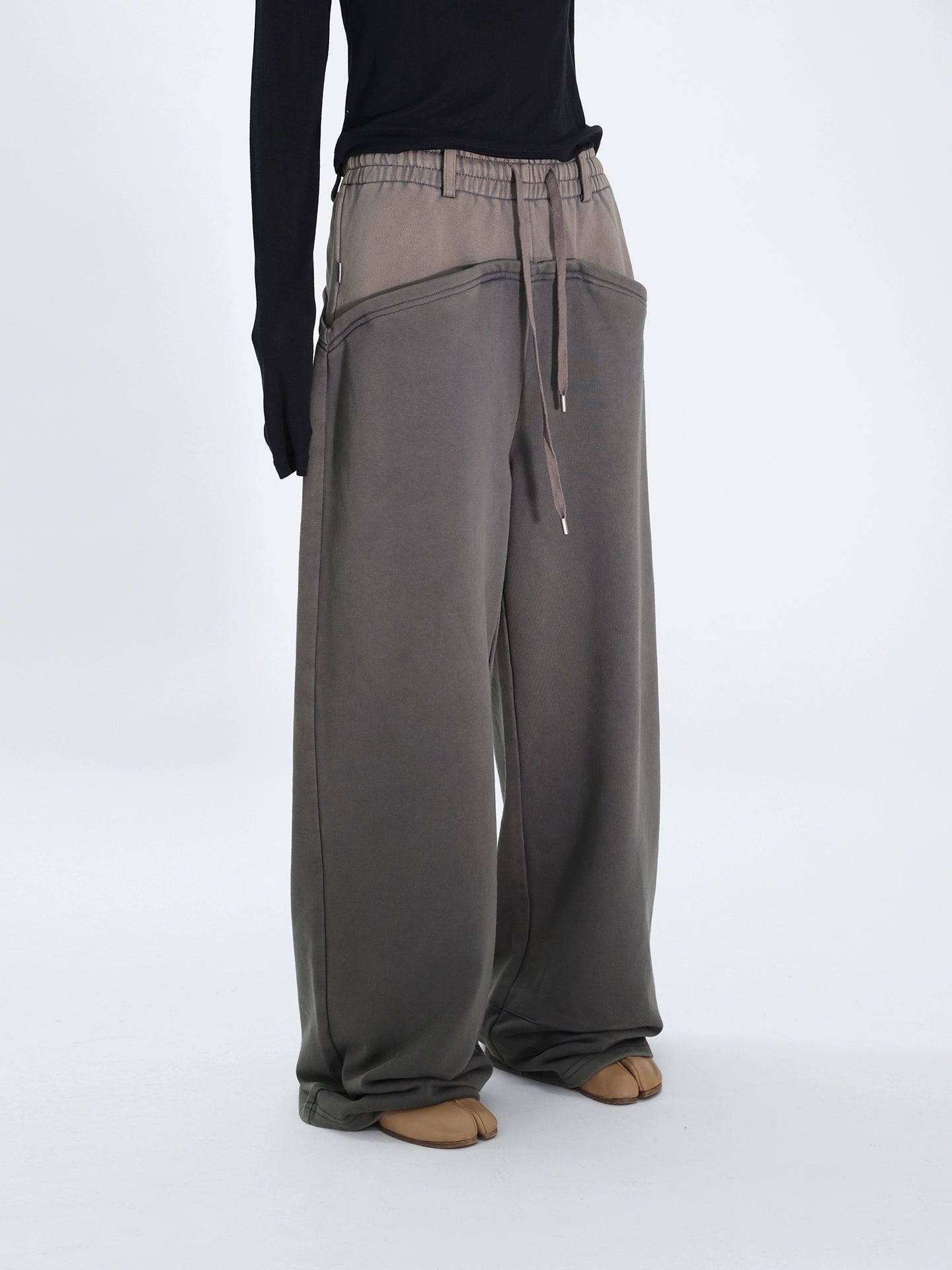 FUZZYKON Loose Old Splicing Double Waist Sweatpants