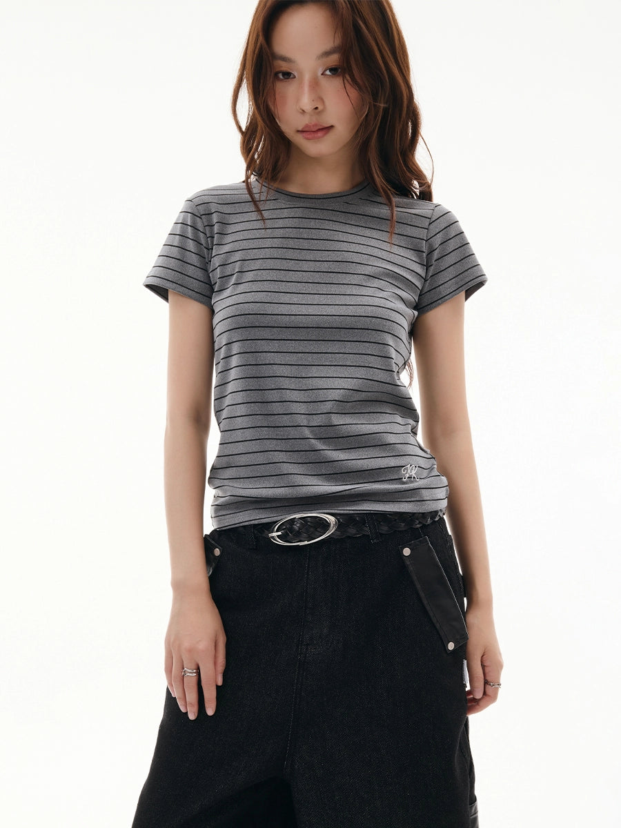 FUNKYFUN Elastic Comfortable Soft Contrasting Striped Slim Tee