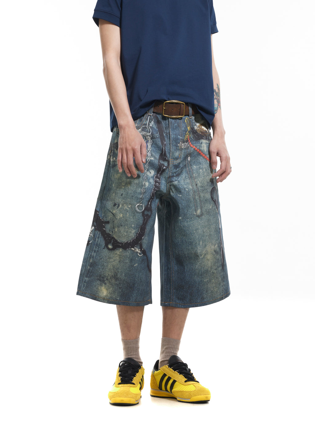 BTSG 3D digital printing ink splashing chain denim shorts